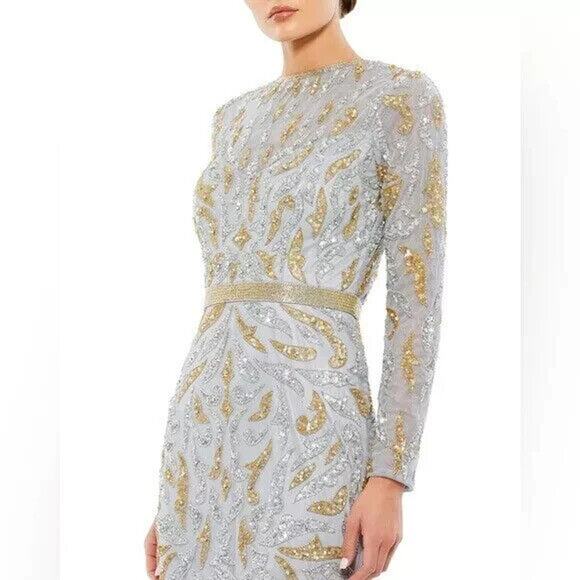 NWT Mac Duggal Beaded Long Sleeve Evening Gown 5124 Platinum Gold - Picture 2 of 7